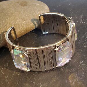 Vintage 90s Y2K Chunky AB Rhinestones Silver Wrap Detail Cuff Bracelet
